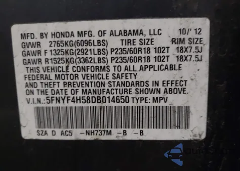 2013 Honda Pilot Ex-L z USA, uszkodzony, nr VIN 5FNYF4H58DB014650